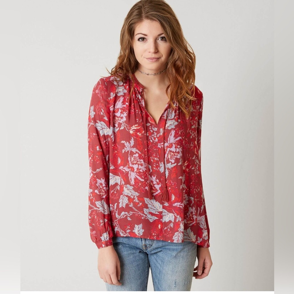 Lucky Brand Floral Peasant Top red tassel size S